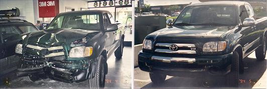 Green Toyota pickup with front-end crash damage, then fully repaired